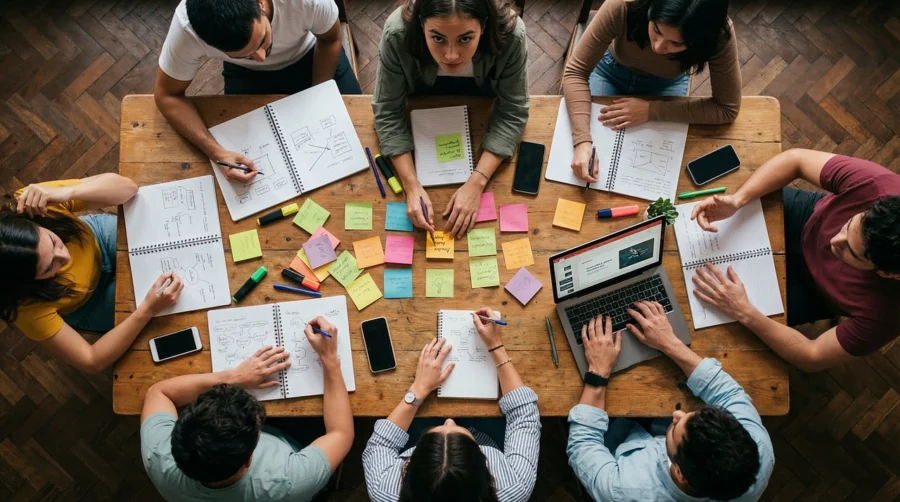 a team mapping out workflows on sticky notes before choosing an AI automation tool